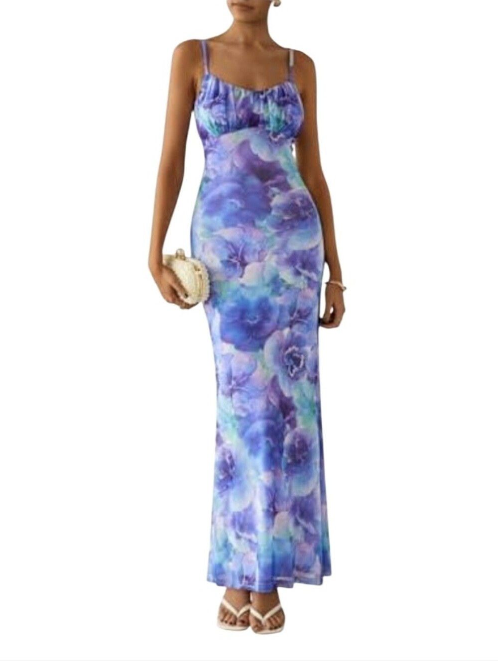 #A101 Purple Floral Maxi Dress with Spaghetti Straps